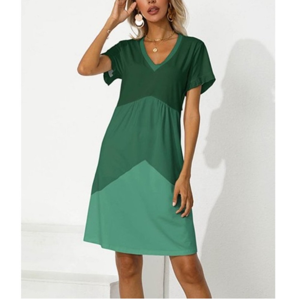 Green Chevron V-Neck Dress